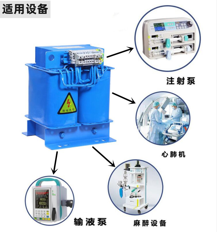 醫(yī)用隔離變壓器主要適用于注射泵，心脈機，麻醉設備、輸液泵等醫(yī)療設備